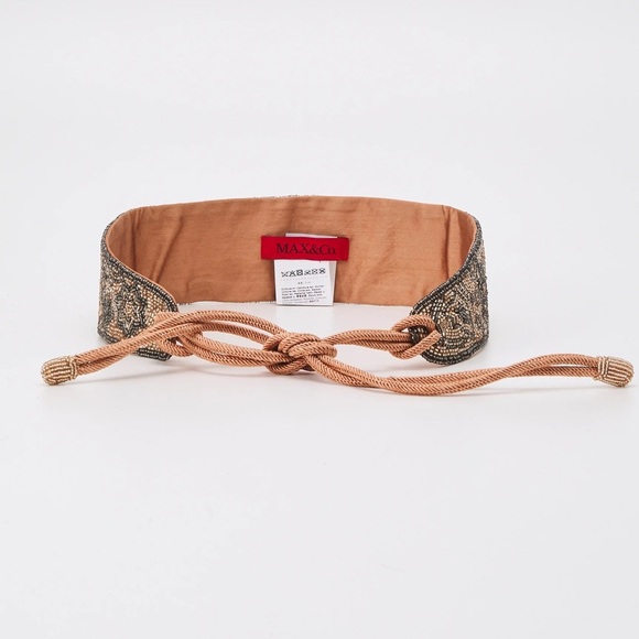 Intrend by Max Mara Gold Dress with Max&Co Label-cut Embroidered Beads Belt. M - Picture 13 of 16